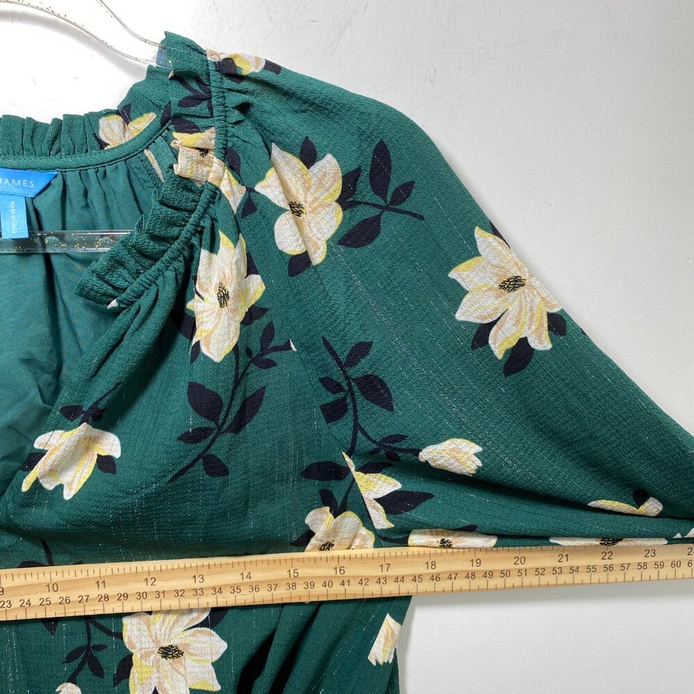 Babydoll Chiffon Kellie Green Floral Shimmer Fit Flare Dress S 3/4 Sleeve V Neck - Picture 5 of 8
